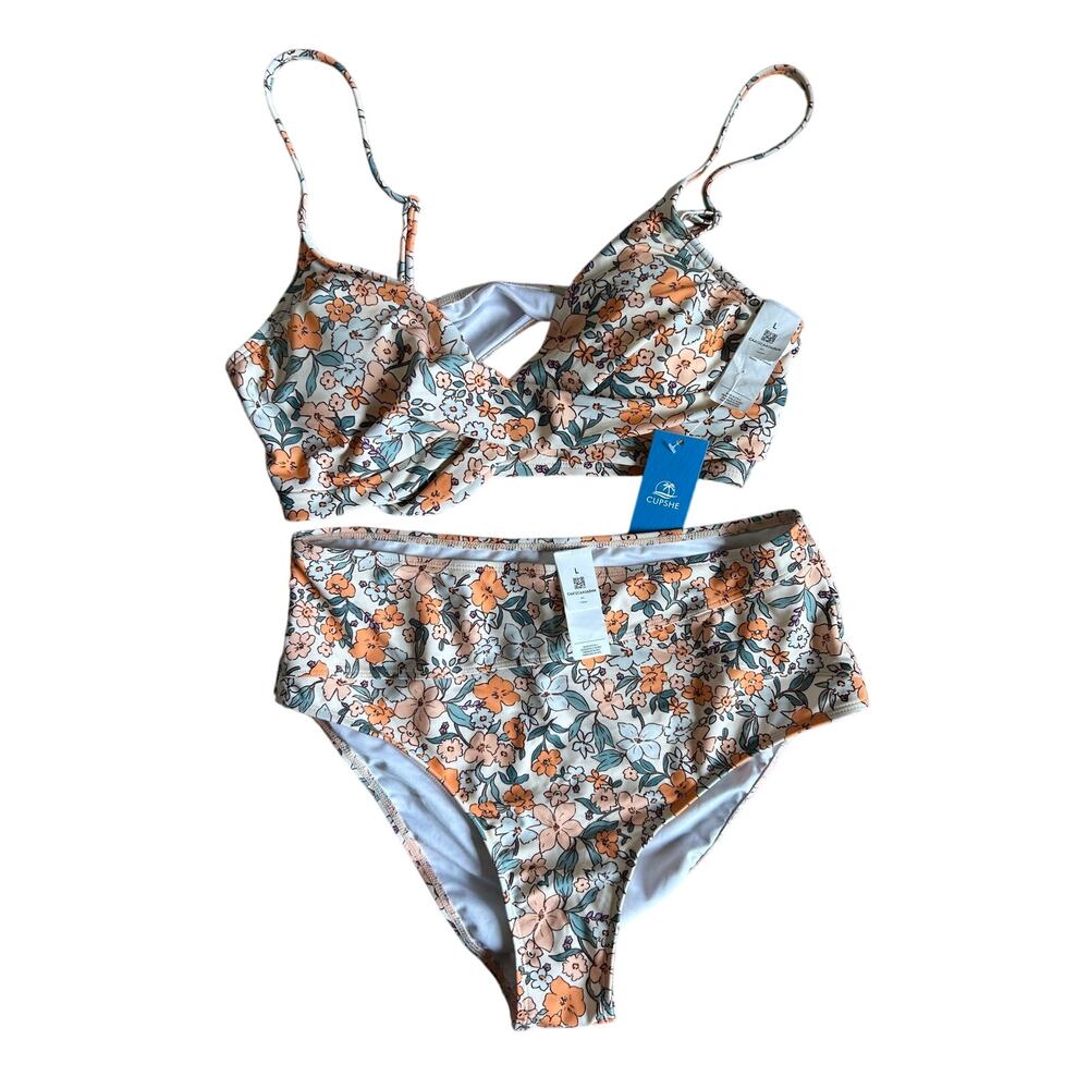 Cupshe Floral Print Twist Bralette Spliced HIgh Waist Bikini Set